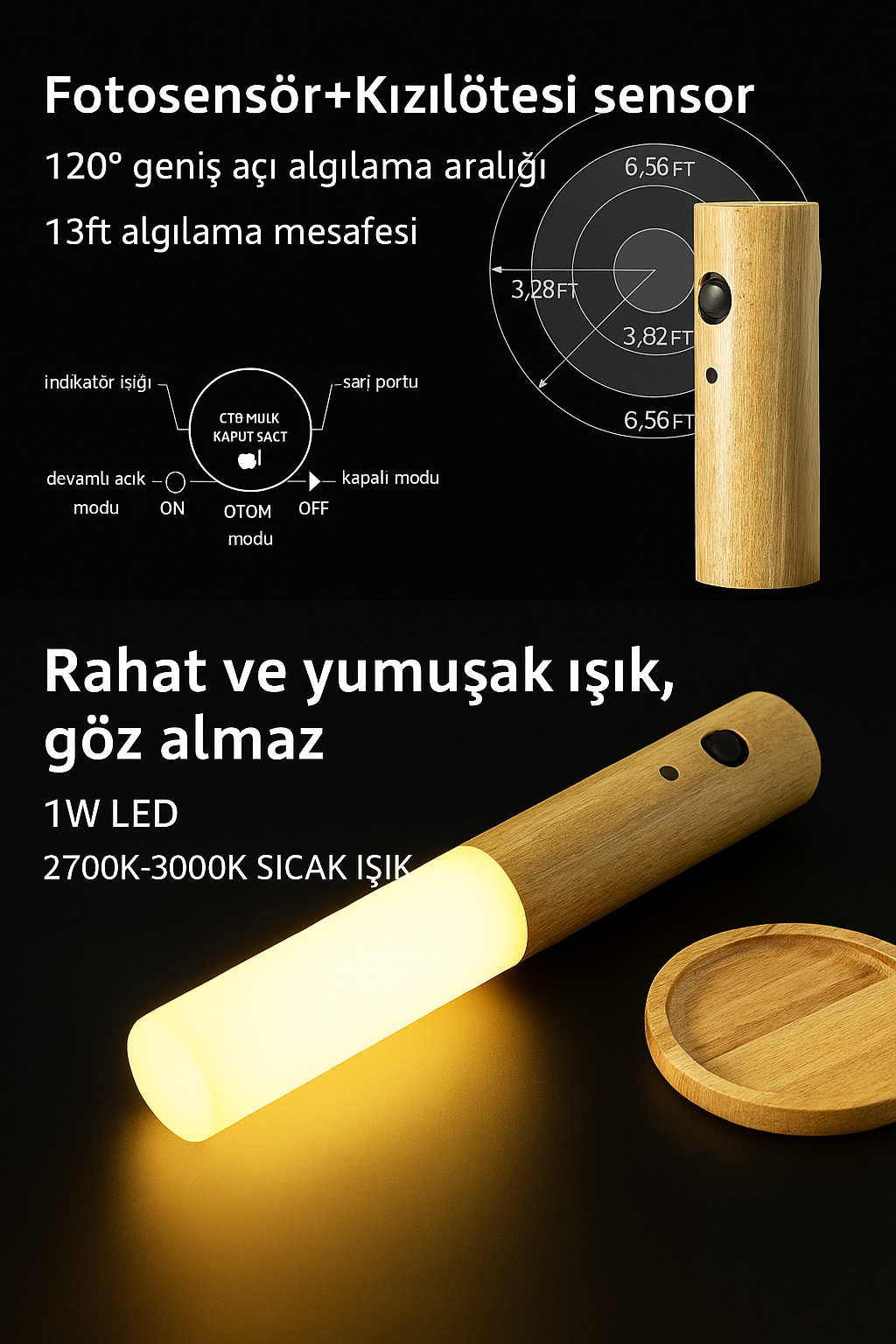 Lumowood™ – Akıllı Sensörlü Ahşap Gece Lambası | Şarjlı & Taşınabilir LED Aydınlatma